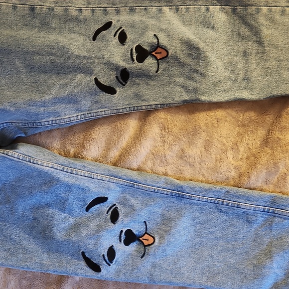 Monki Blue Straight Leg Jeans with Dog Embroidery On Both Knees Sz 30 - Picture 3 of 8